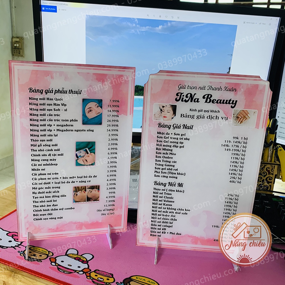 Bảng giá dịch vụ, menu cho thẩm mỹ viện, tiệm nail, tóc, mi in và thiết kế theo yêu cầu, chất liệu mica