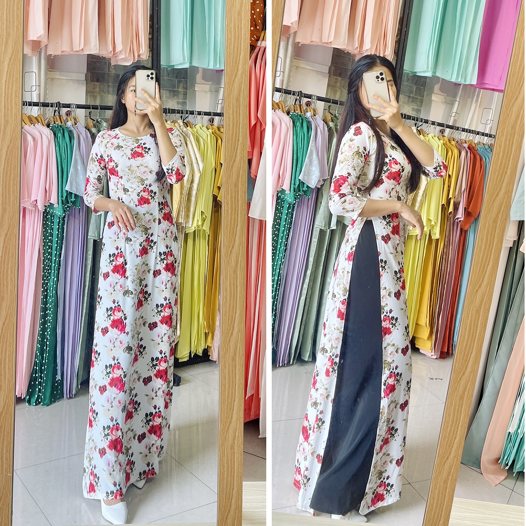 Áo dài in hoa nhí họa tiết cổ điển - áo dài trắng hoa đỏ hoa tím