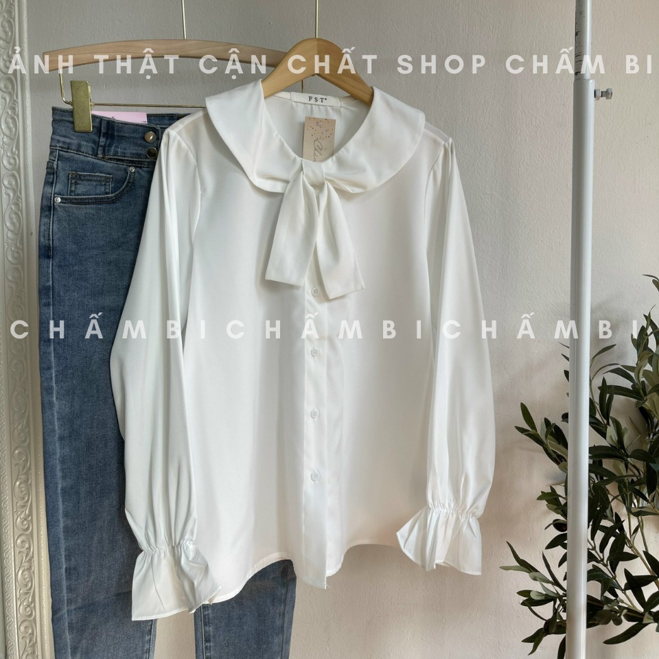 Áo sơ mi nữ trắng A.247, Áo kiểu nữ cổ thắt nơ chéo tay bo chun cách điệu style Hàn Quốc