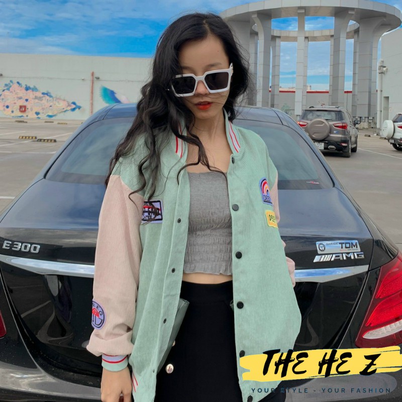 Áo khoác bomber nữ cute cổ vuông chất liệu nhung thêu logo Z200