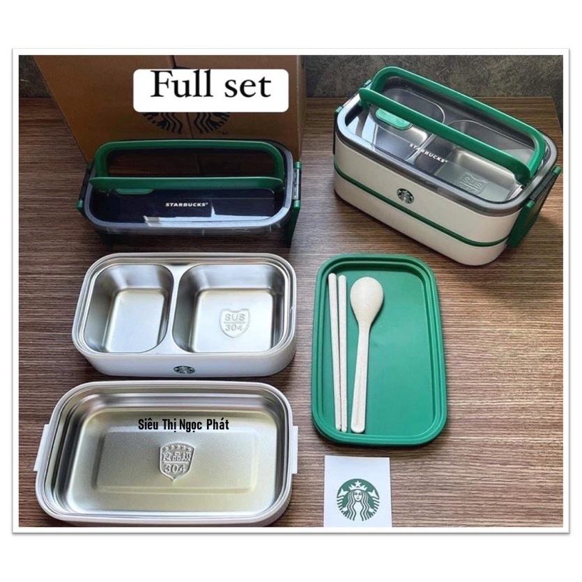 [Hàng Loại 1 Dày đẹp] Hộp cơm Giữ nhiệt STARBUCKS Inox 304_Kèm Thìa, đũa