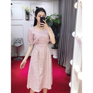 Đầm caro cổ vuông 2 màu