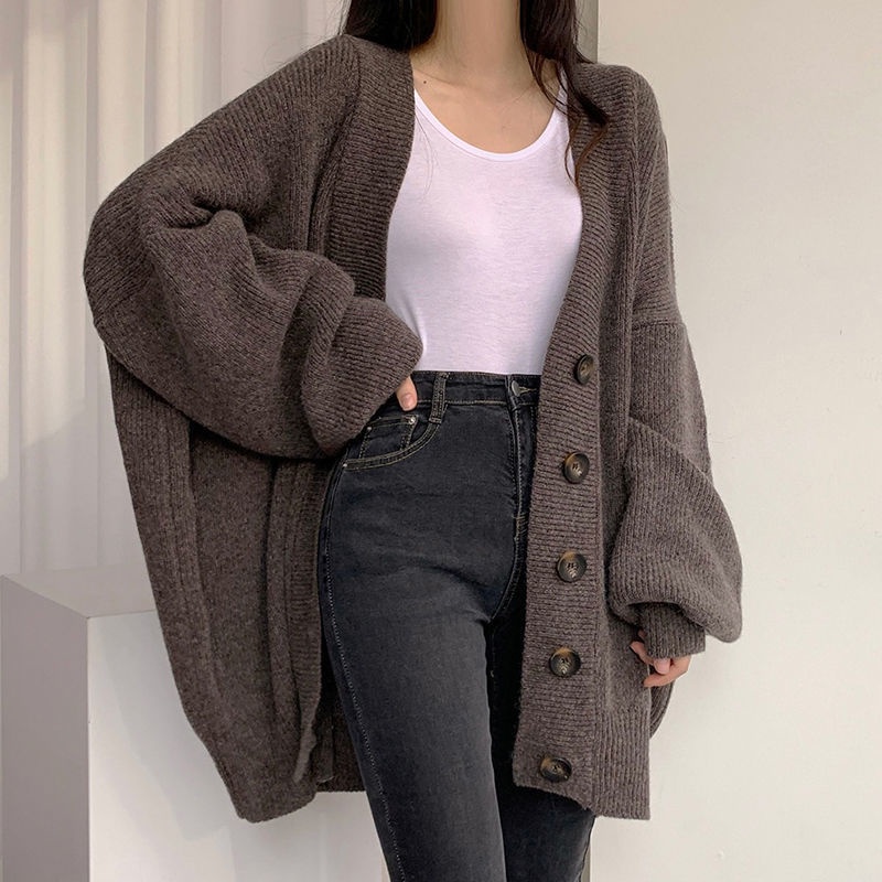 Áo Khoác Len Cardigan Suông Nữ Màu Xám Ghi Be Cổ Chữ V Dáng Rộng Tay Dài Mềm Mại Thời Trang Mùa Đông Hàn Quốc