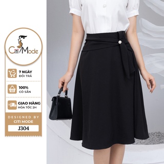 Chân váy công sở citi mode fashion thiết kế dáng xoè đen phối vạt eo j304