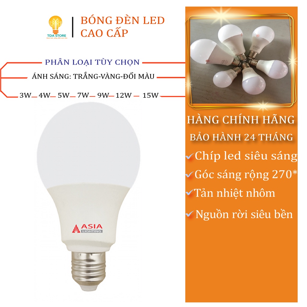 Bóng đèn led Asia Lighting đui e27 góc sáng rộng bóng đèn vàng cho bàn học làm việc tiết kiệm điện bảo hành 24 Tháng