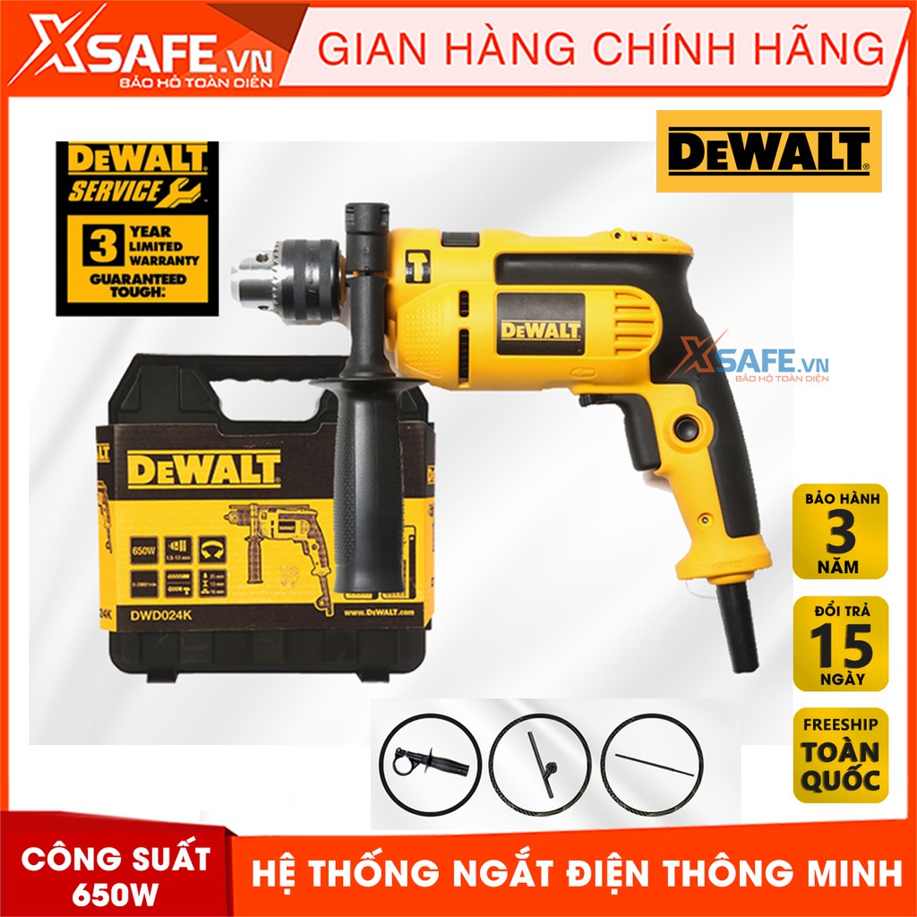 Máy Khoan Động Lực DeWALT DWD024K-B1 Tặng kèm 10 mũi khoan và Vali Máy khoan cầm tay công suất 650W đảo chiều