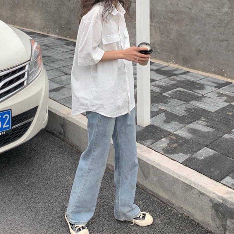 Áo sơ mi IELGY tay ngắn dáng rộng phong cách cổ điển thời trang cho nữ