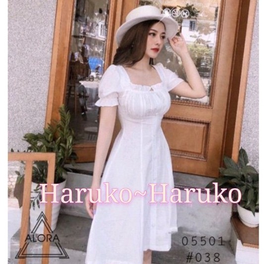 [Ảnh thật/Video] Đầm cổ vuông viền bèo, Đầm váy cúc bọc tay bồng - Haruko Closet