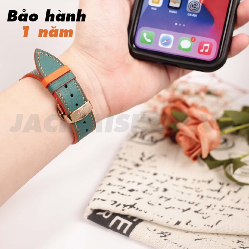 [BẢO HÀNH 1 NĂM] Dây Da BÊ SWIFT may tay thủ công màu Xanh Ngọc chỉ Cam khóa Bướm cho Apple Watch series 1/2/3/4/5/6/7