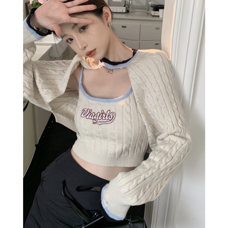 Set Áo Hai Dây Dệt Kim Thêu Họa Tiết Xinh Xắn Cho Nữ