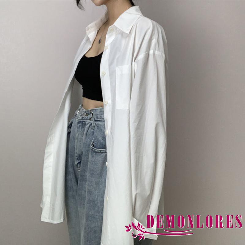 Áo Sơ Mi Tay Dài Cổ Bẻ Dáng Rộng Màu Sắc Đơn Giản Thời Trang Mùa Thu Cho Nữ