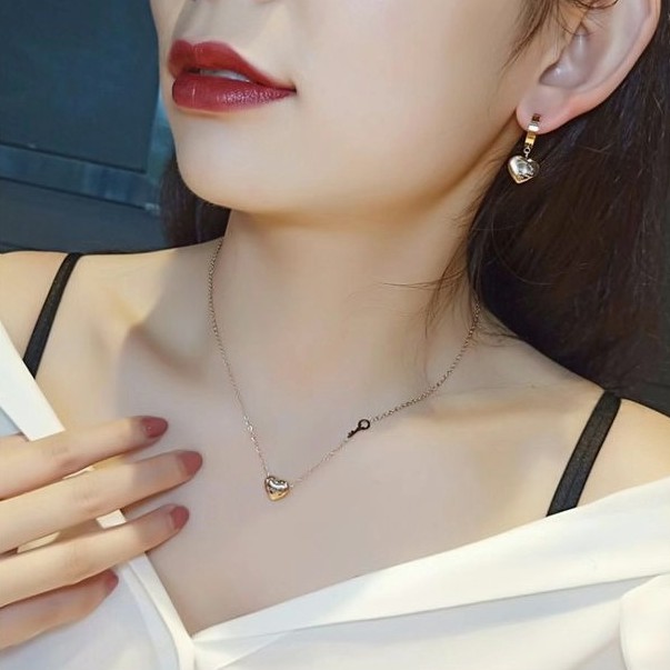 Dây chuyền mạ vàng hồng 18k mặt trái tim chìa khóa khắc chữ chống nước không gây dị ứng