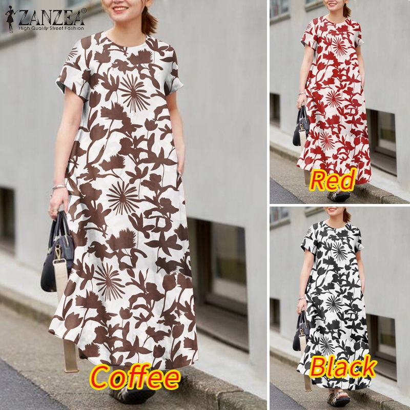 Zanzea Đầm Chữ A Ngắn Tay Cổ Tròn In Họa Tiết Thời Trang Đường Phố Cho Nữ