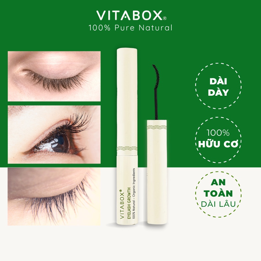 Dưỡng mi và lông mày VITABOX giúp mi dài dày tự nhiên, từ dầu dừa, thầu dầu castor hữu cơ an toàn, đầu mascara cong