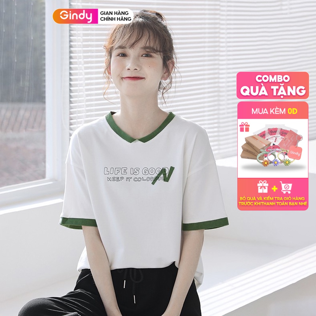 Áo thun nữ form rộng tay lỡ cổ tròn GINDY Life phông dáng basic unisex chất liệu cotton co giãn thoáng mát A010