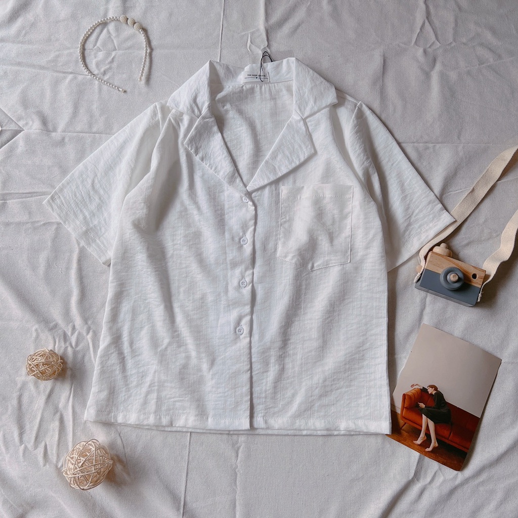 LOVI SHOP - Áo sơ mi cổ vest tay lỡ chất đũi 5 màu trơn Áo cổ bẻ khuy cài tay lửng form rộng dáng suông Lovi