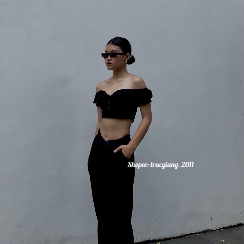 Áo Croptop Tay Ngắn Màu Trơn Thiết Kế Trễ Vai Cá Tính Dành Cho Nữ