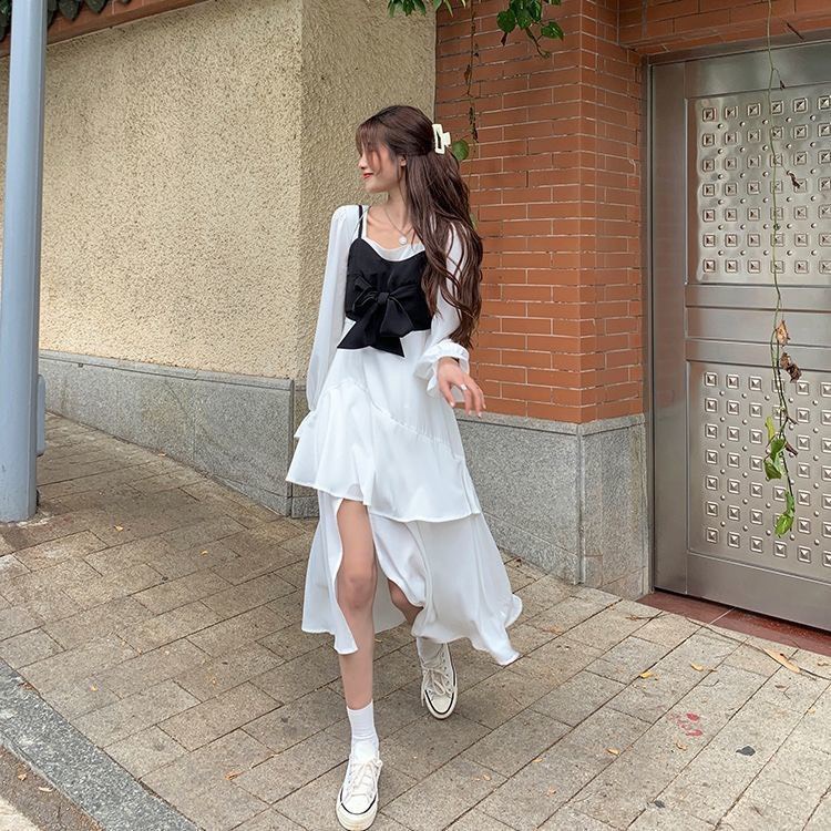 Đầm xòe ulzzang nữ dáng dài qua gối xẻ đùi tay bồng HV165, đầm dài tay cổ V xếp tầng phong cách hàn quốc