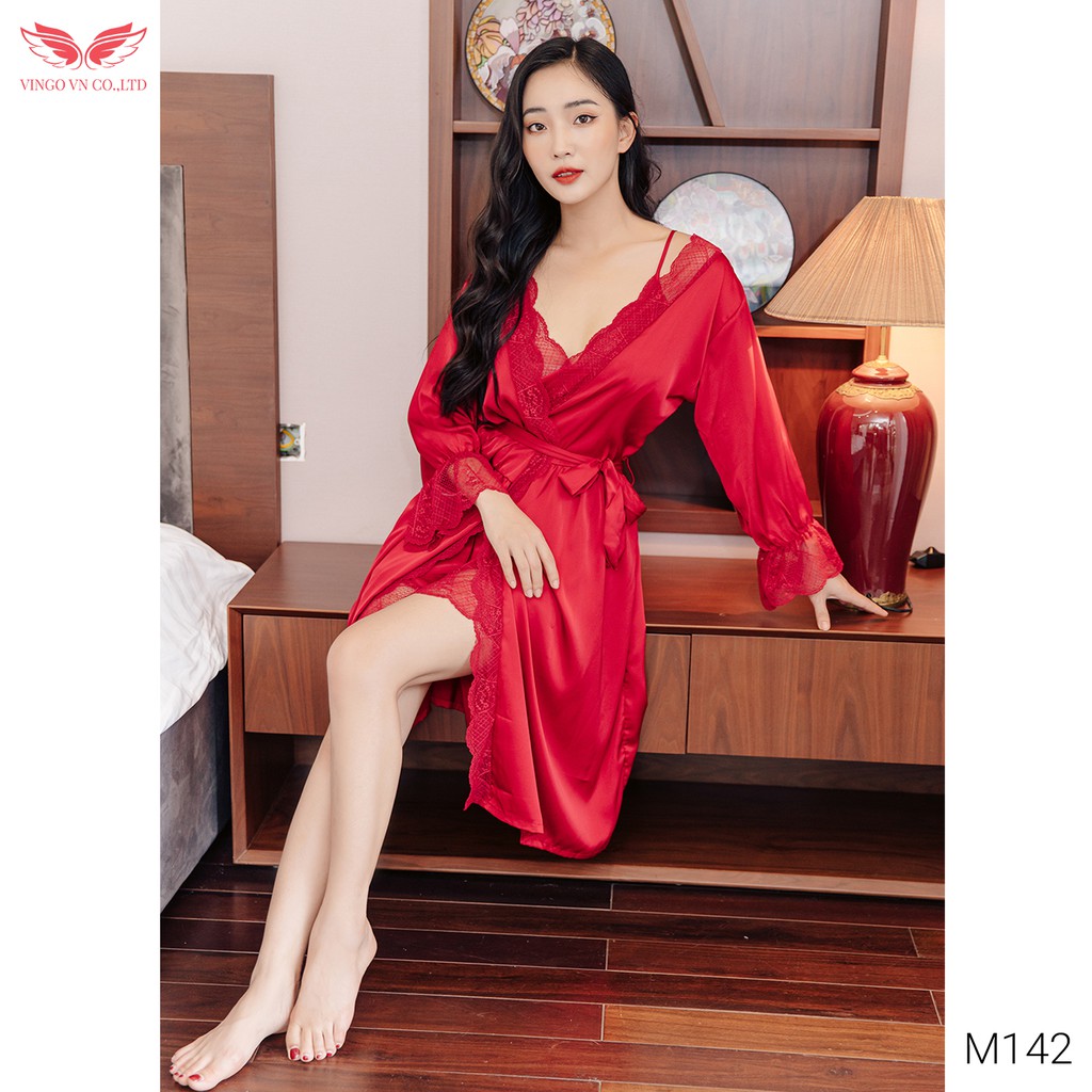 Set Áo Choàng Ngủ Kèm Váy 2 Dây Lụa Trơn VINGO Cao Cấp Tay Dài Phối Ren Bo Gấu Xinh Gợi Cảm Sexy M142 VNGO