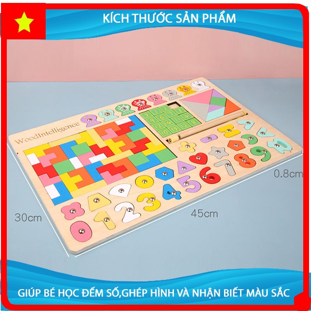 [Thông Minh Vượt Trội] Bảng Gỗ Chữ Số Toán Học kết hợp - Hình Khối - Câu Cá Cho bé