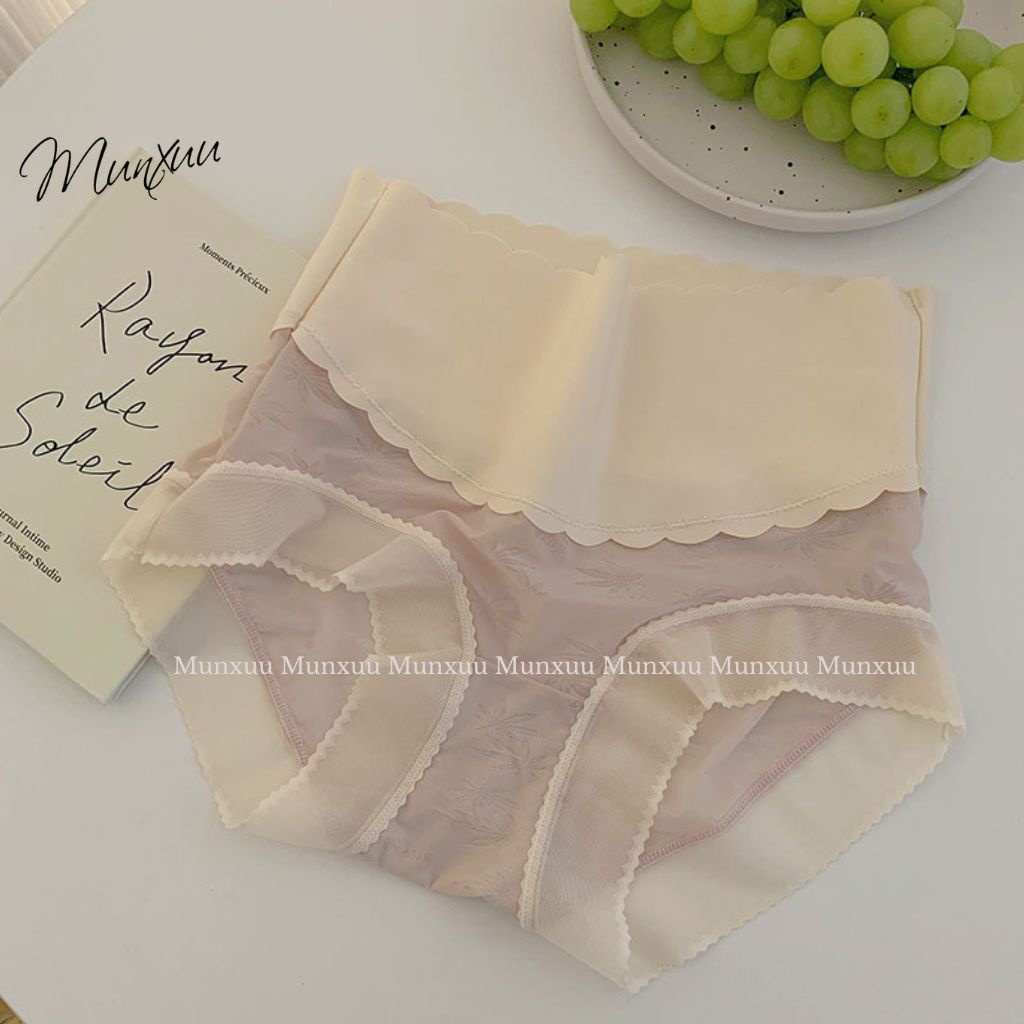 Quần lót nữ cạp cao hỗ trợ gen bụng thon gọn MUNXUU, vải ren gấm phối cạp su bản to định hình vòng eo - GB16