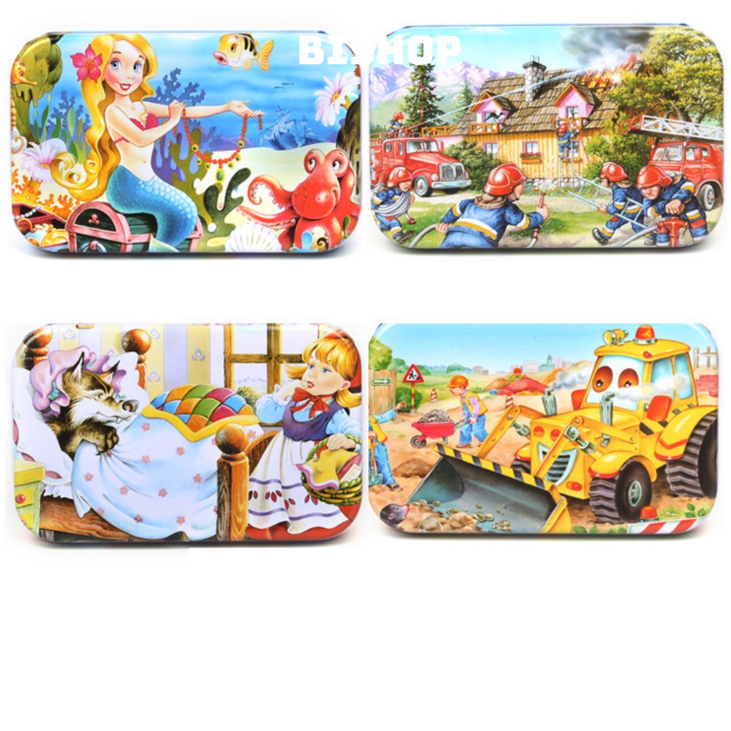 Bộ Đồ Chơi Tranh Ghép Hình Puzzle Bằng Gỗ 60 Miếng Cho Bé Với Hộp Đựng Bằng Thiếc Giúp Bé Phát Triển Trí Thông Minh