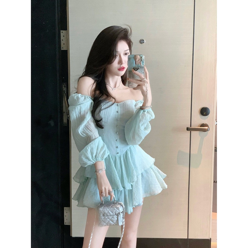 Đầm tay dài phồng bo eo thời trang thiết kế ngọt ngào phong cách mùa hè 2022 dành cho nữ