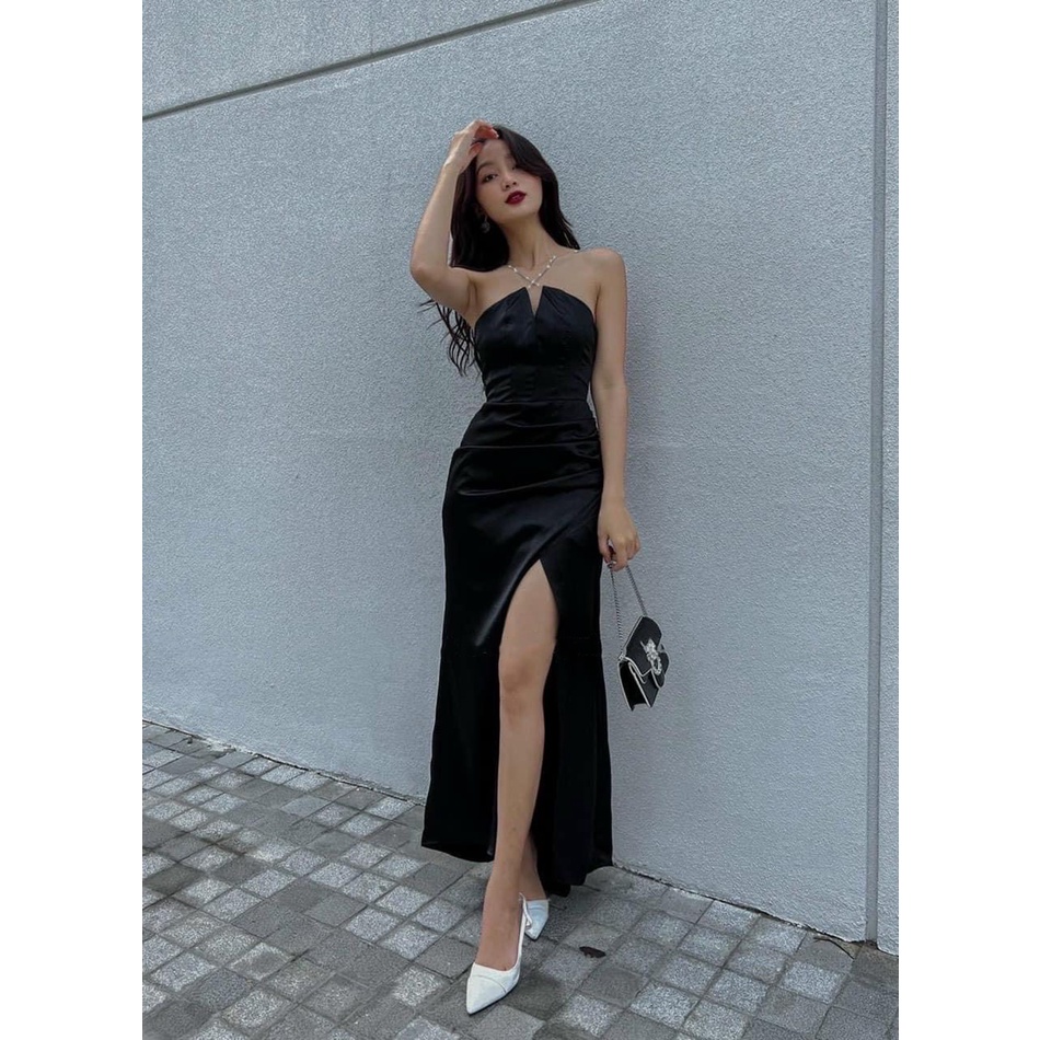 Đầm body lệch vai xẻ tà dáng sang chảnh