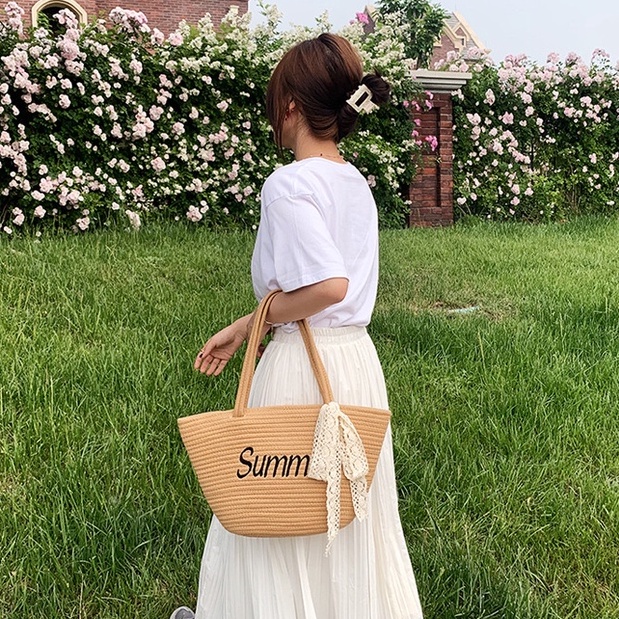 Túi xách nữ thời trang mới Thông thường đơn giản thêu chữ cái Túi đeo vai Đi biển Kỳ nghỉ Túi xách bện (bao gồm ruy băng)
