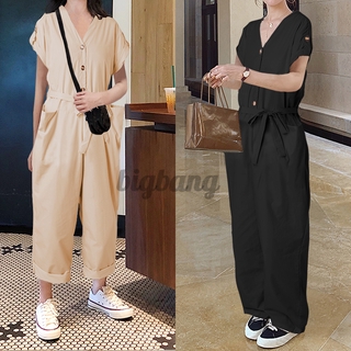 Bộ Áo liền quần Tay Ngắn Cổ Chữ V Màu Trơn Cho Nữ