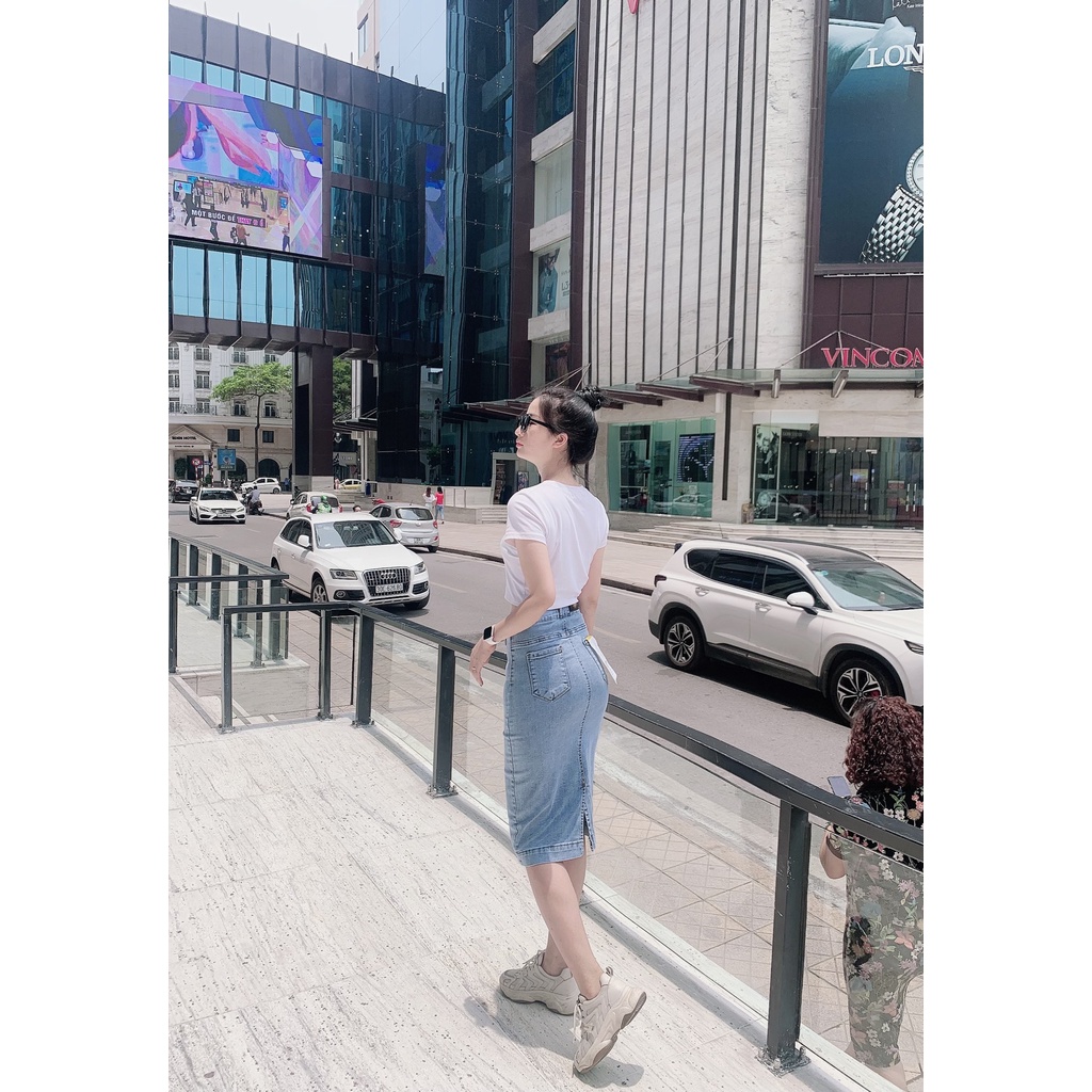 [TH Jeans] Váy bò trơn dáng dài qua gối, váy jeans lưng cao túi chéo phối gân, 2 khuy. Mã V0140 | BigBuy360 - bigbuy360.vn