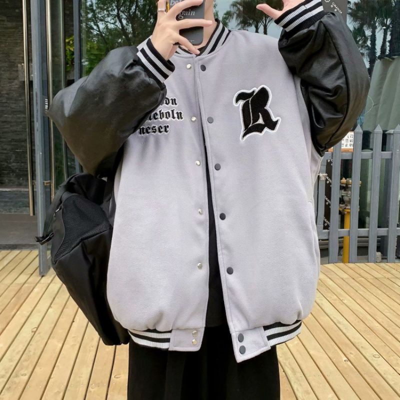 ÁO KHOÁC BÓNG CHÀY ĐÓNG CÚC PHỐI TAY DA HÀNG QUẢNG CHÂU