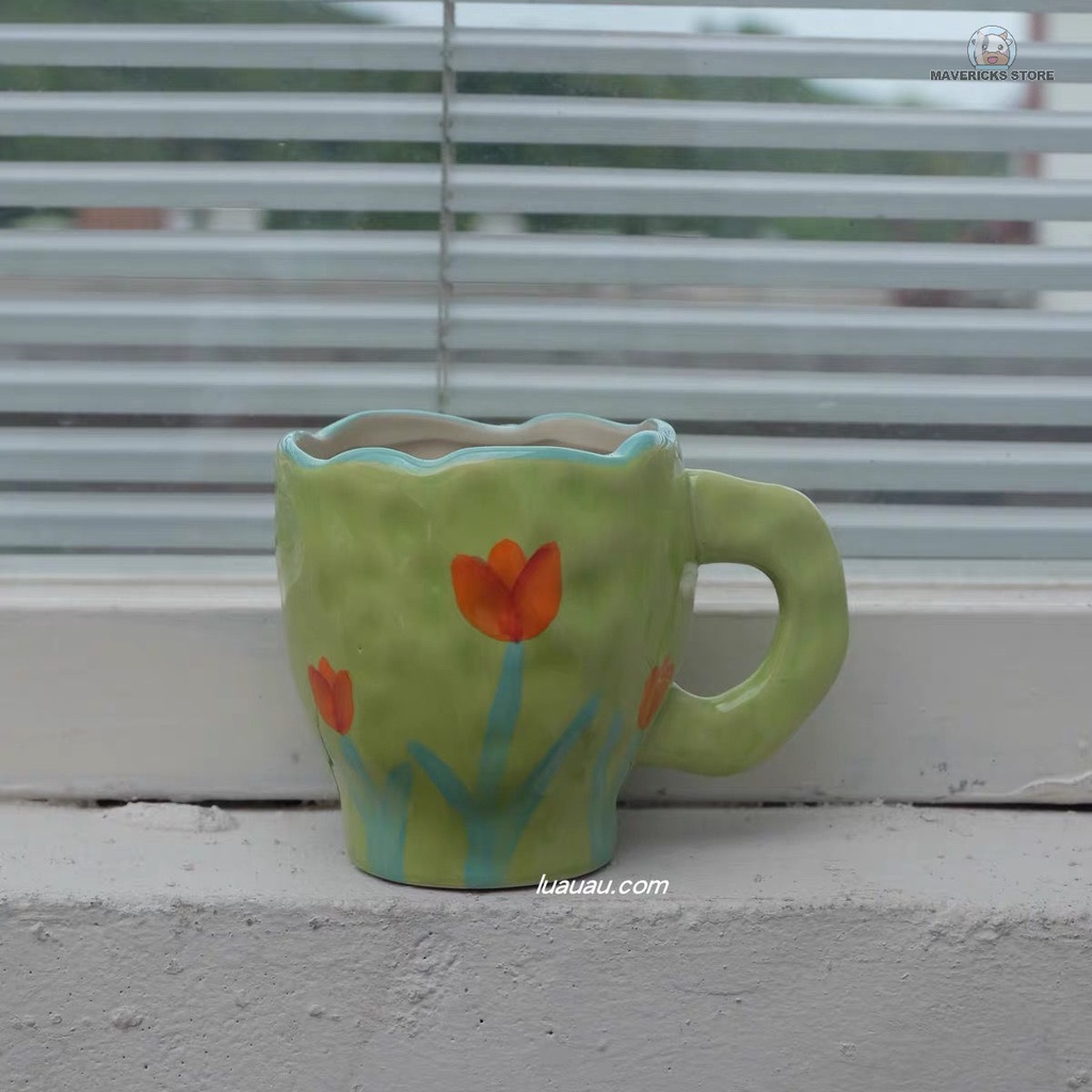 Cốc uống cà phê bằng sứ họa tiết hoa tulip xinh xắn cho cặp đôi