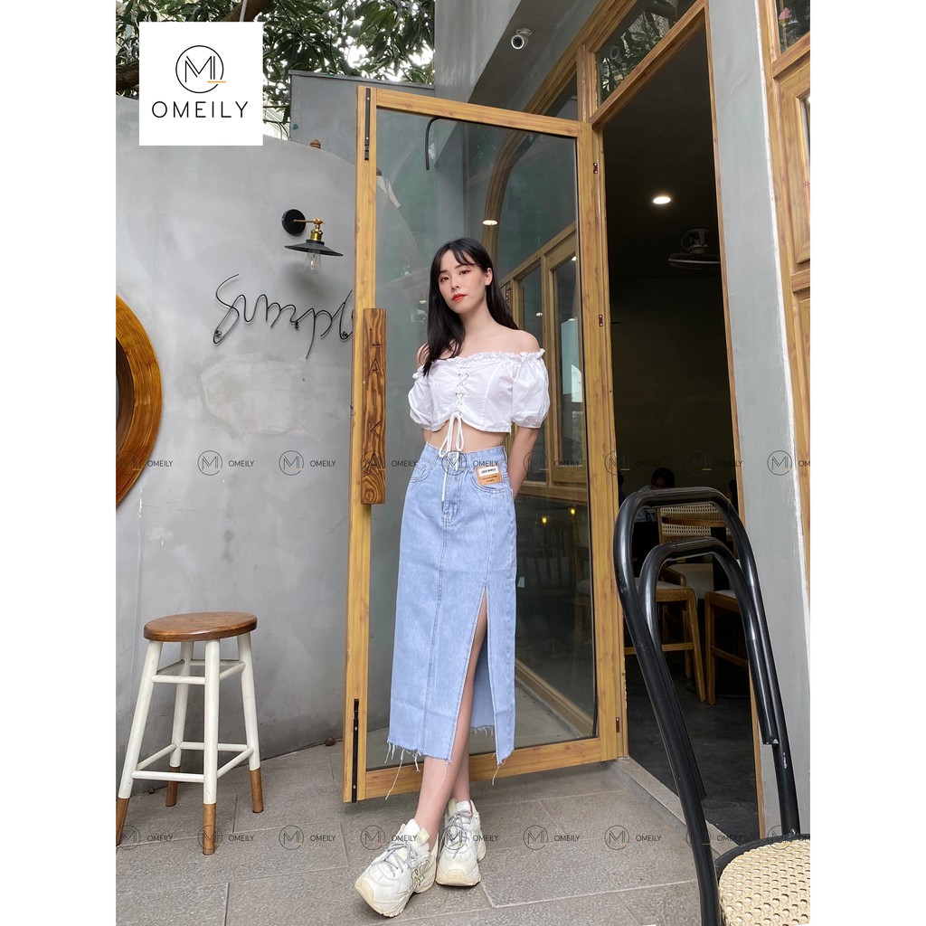 Chân váy Jeans xẻ tà cạp lưng cao chất liệu denim cao cấp Omeily | BigBuy360 - bigbuy360.vn