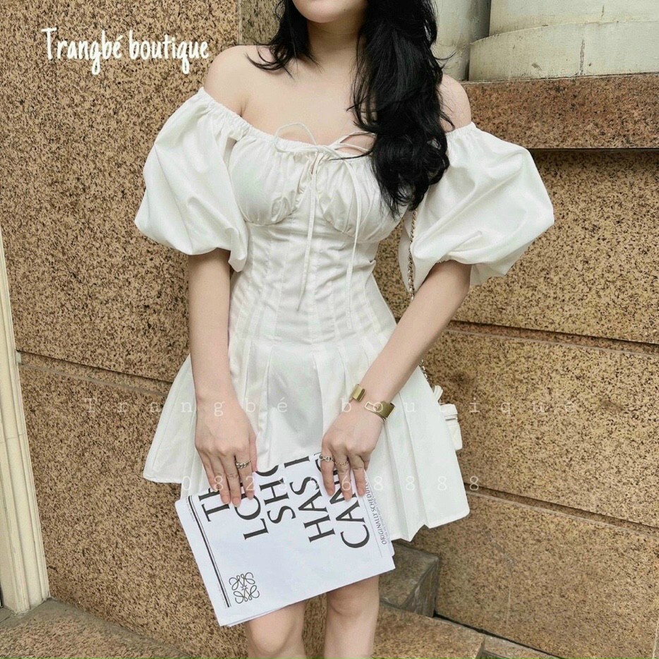 Đầm tay phồng bo eo chân váy xòe xếp ly sang chảnh