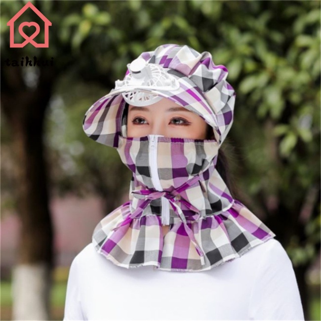 Mũ Rộng Vành Chống Nắng Có Quạt Làm Bằng Cotton Tia Uv Có Dây Đeo Bảo Vệ Cho Nữ