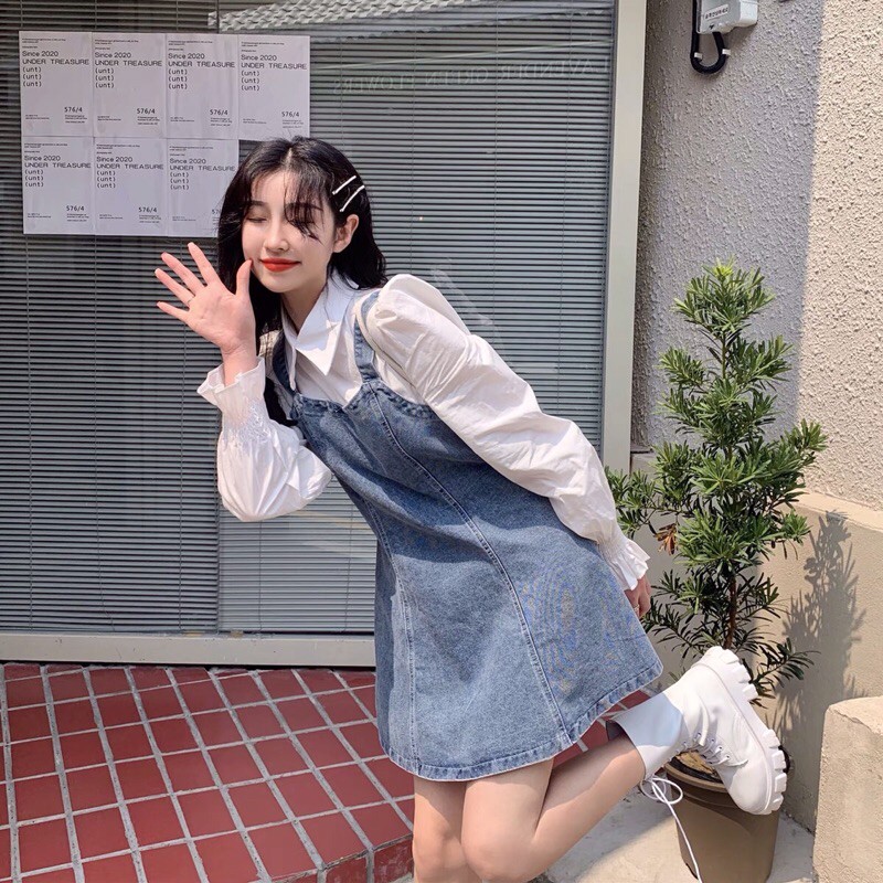 Váy jeans liền sơmi trắng ulzzang