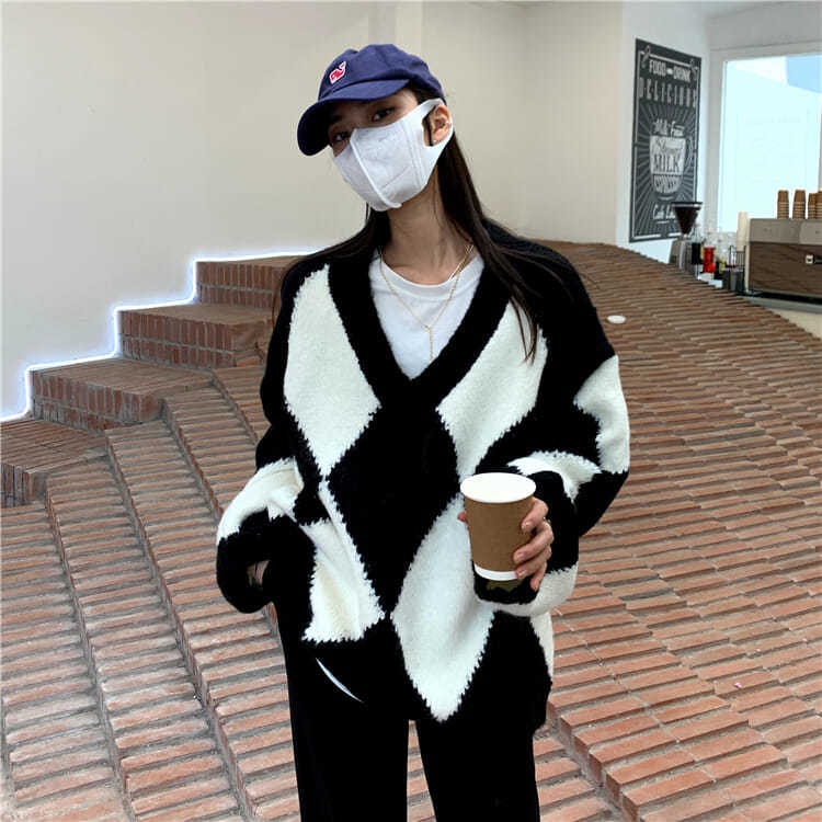 Áo sweater dệt kim dày cổ chữ v dáng rộng tay dài phong cách Hàn Quốc thời trang mùa thu mới 2021