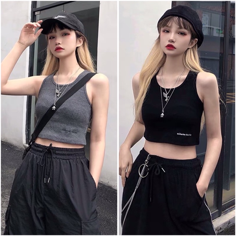 Áo Croptop 3 Lỗ Thể Thao Chữ Viền 2 Màu Đen Xám