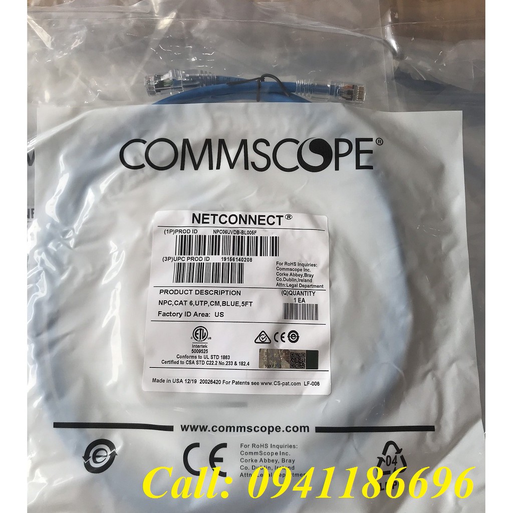 Cáp đúc 2 đầu dây mạng CommScope/ AMP Cat6 3 mét