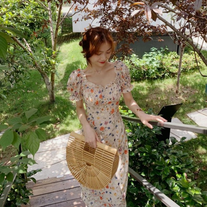 Đầm hoa nhí QINY STUDIO, váy dự tiệc, đầm midi dáng dài tay phồng Quảng Châu
