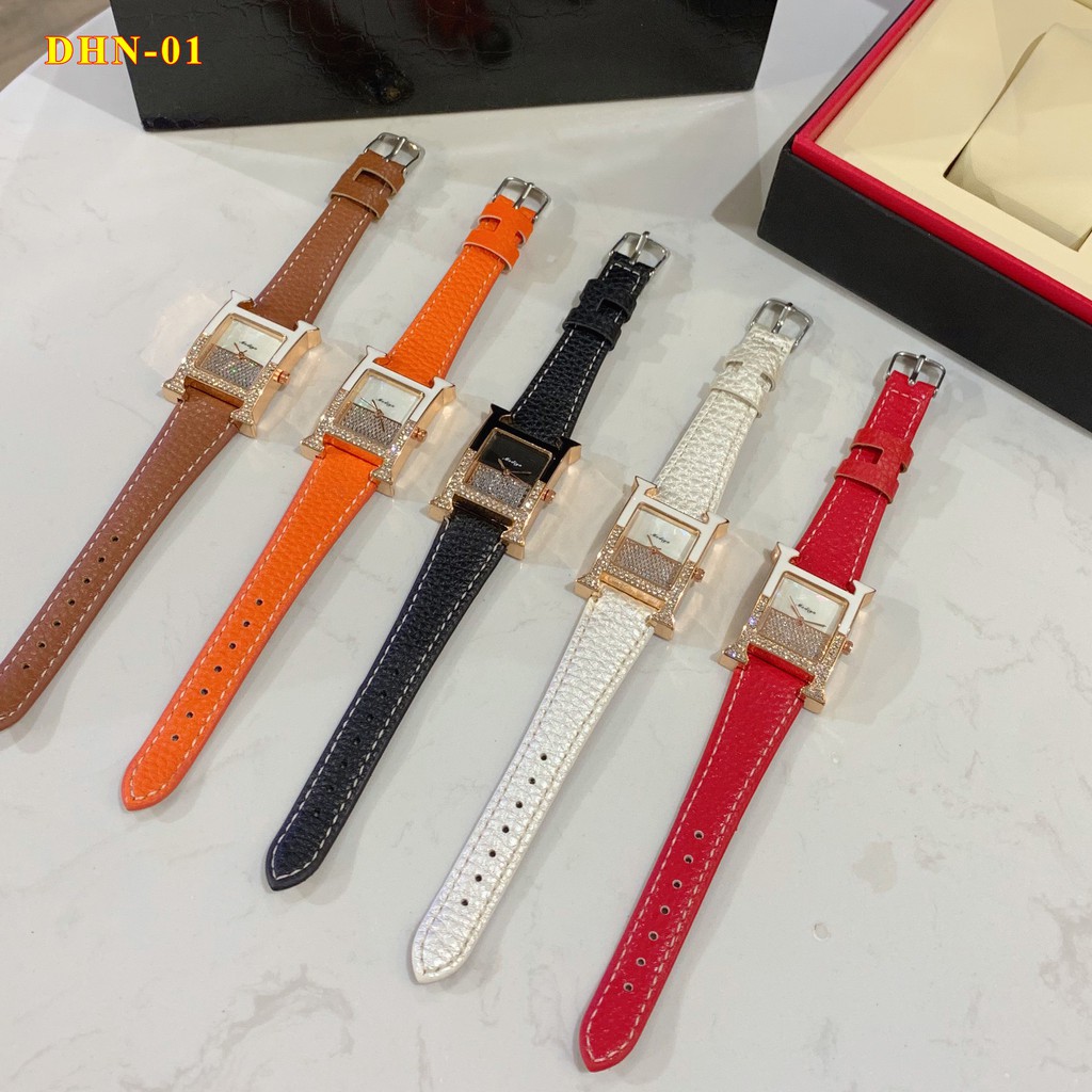 Đồng hồ nữ HERMES dây da mặt vuông đính đá cao cấp full box DHN02 12Th