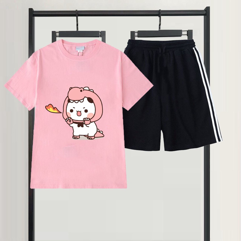 Sét Bộ Đồ Quần Đùi Sọc Áo Nam Nữ Ngắn Tay Ulzzang Mặc Rất Thời Trang, Áo Phông Cotton Mát Mịn In 3D Hoạt Hình