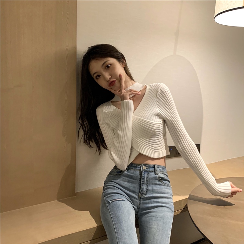 Áo sweater dệt kim ZHELIHANGFEI tay dài cổ chữ V dáng ôm quyến rũ thời trang cho nữ