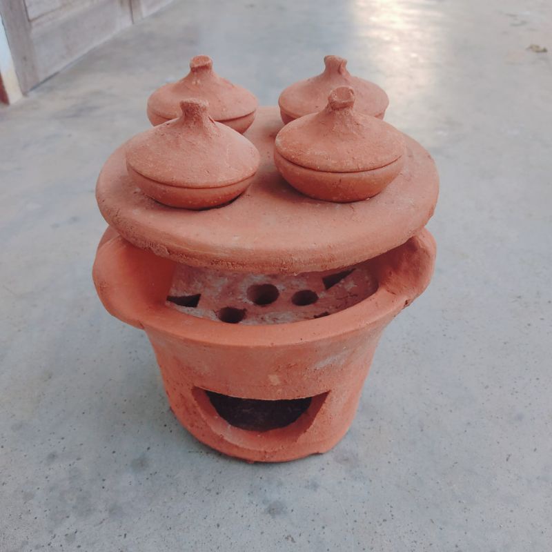 Set lò + khuôn bánh căn đất nung 4 chén đất kèm nắp và đế để chén - Hàng thủ công xứ Nẫu - Ảnh thật shop chụp