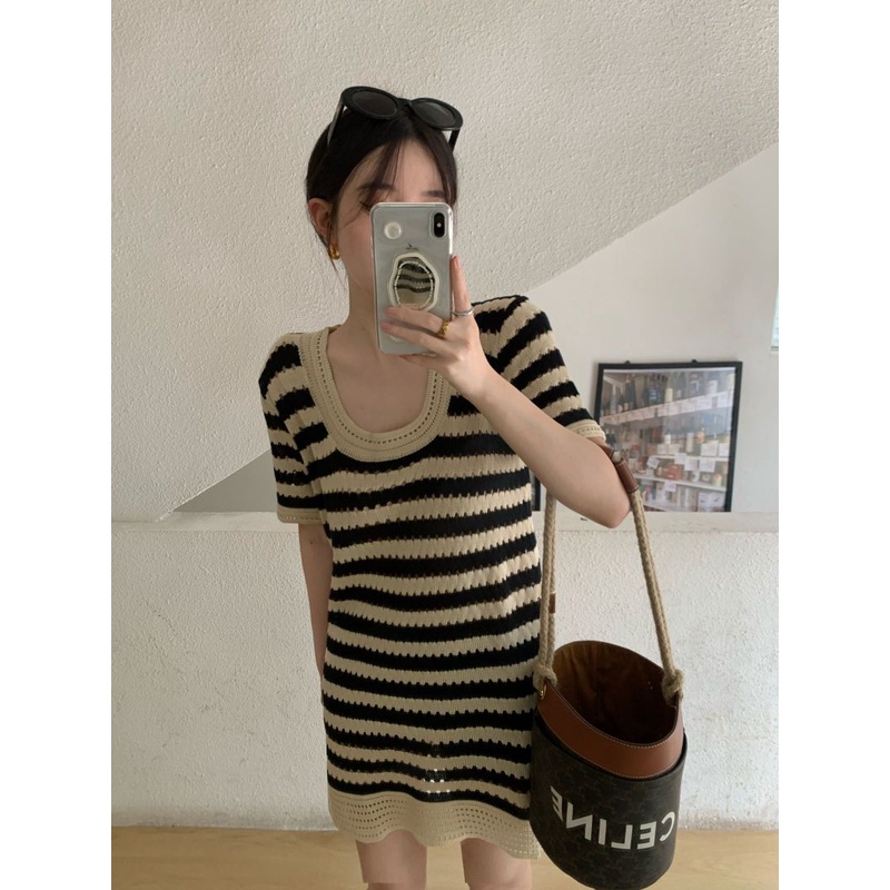 Đầm Thun Dệt Kim Dáng Rộng Họa Tiết Kẻ Sọc Thời Trang Mùa Hè Hàng Mới Dành Cho Bạn Nữ