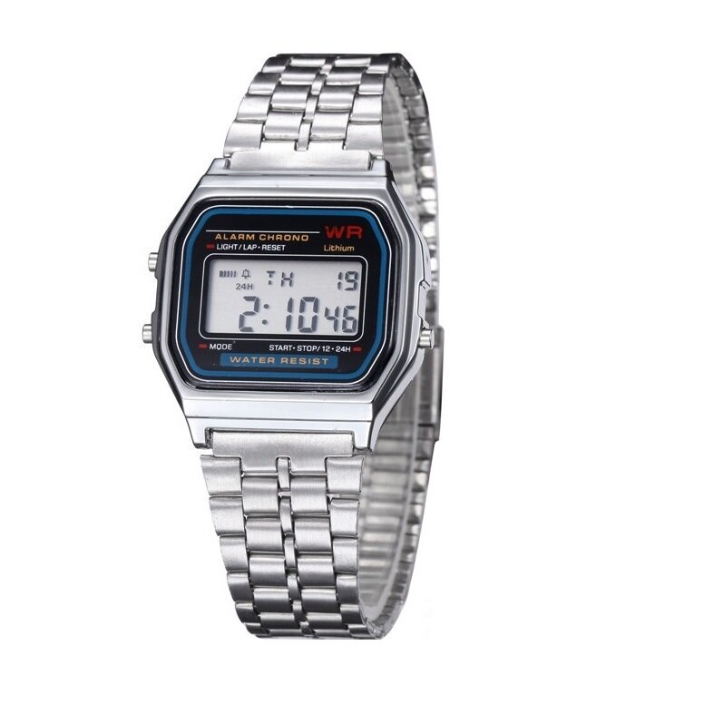Đồng hồ nam nữ WR điện tử màu bạc dây thép mặt vuông led, đồng hồ kim loại unisex đeo tay phong cách Ulzzang thời trang