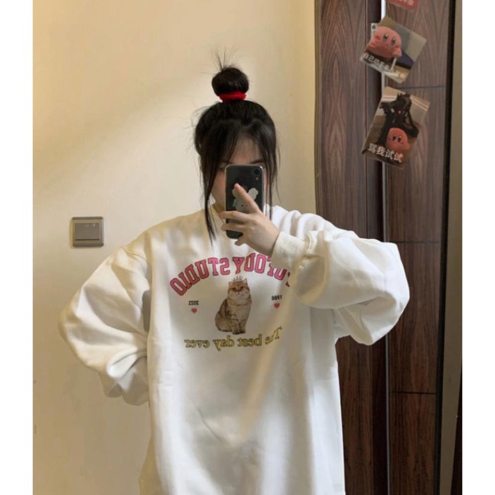Áo Sweater Cổ Tròn Dáng Rộng In Hình Mèo Đội Vương Miện Dễ Thương Kiểu Mỹ