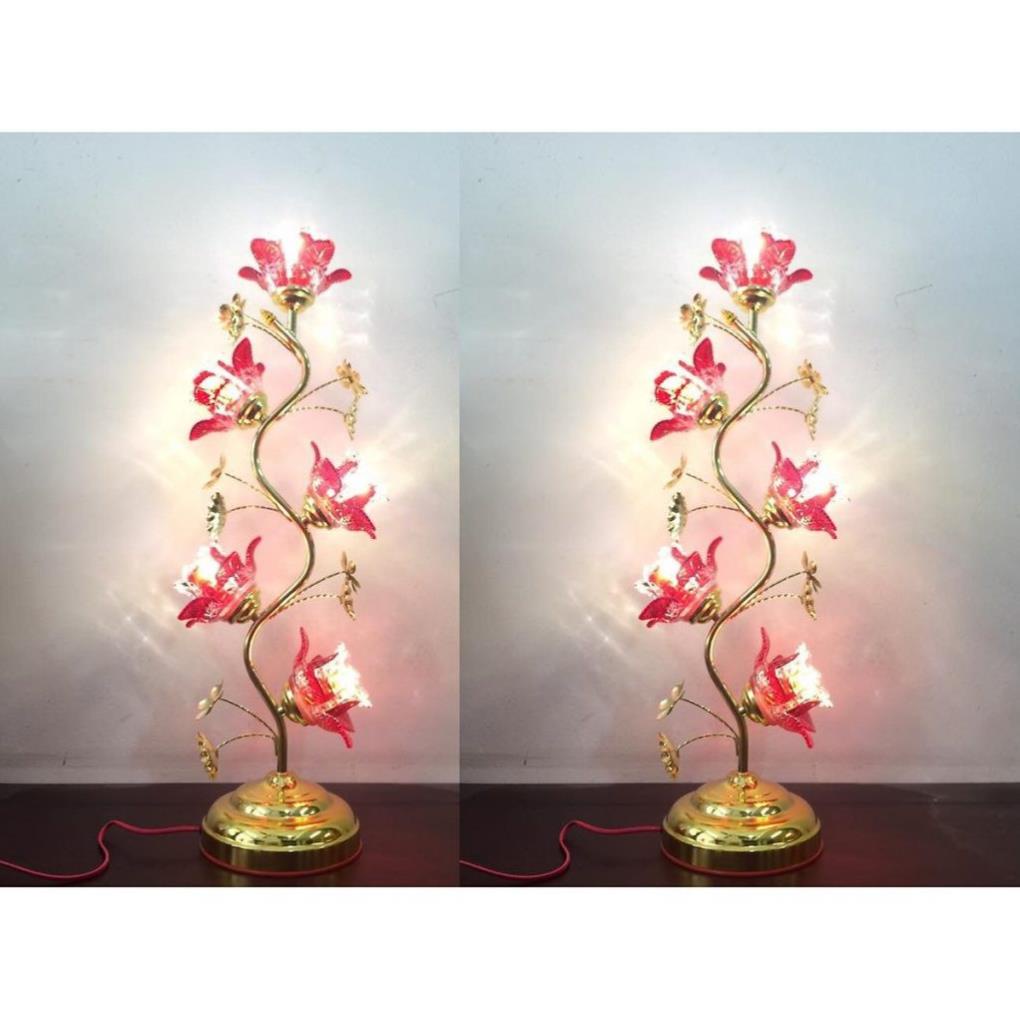 [ HÀNG ĐẠI ] 2 Cây Đèn Thờ Hoa Sen 5 Bông Thủy Tinh Pha Lê Cao Cấp 75 Cm-đèn ban thờ đẹp giá rẻ (  Màu Đỏ - Vàng )