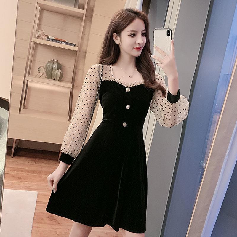 Váy Phối Lưới Chấm Bi Eo Cô Nàng Mập Váy Liền Màu Đen Dáng Ngắn Nhung